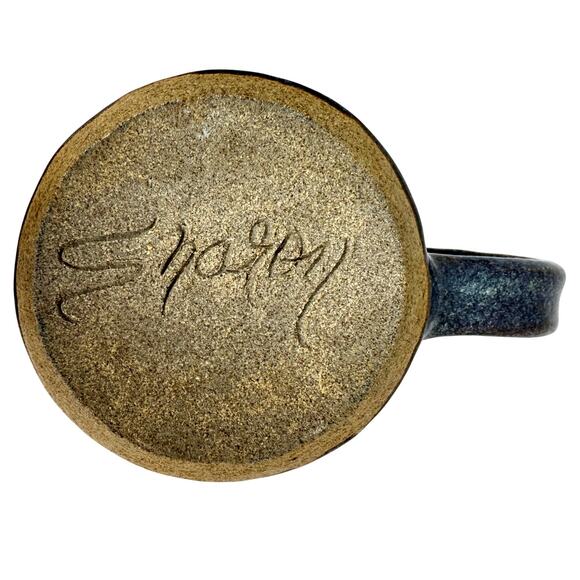 Hand Crafted Artist Signed Pottery Blue Gray Abstract Coffee Mug Unique Handle! - Picture 6 of 6